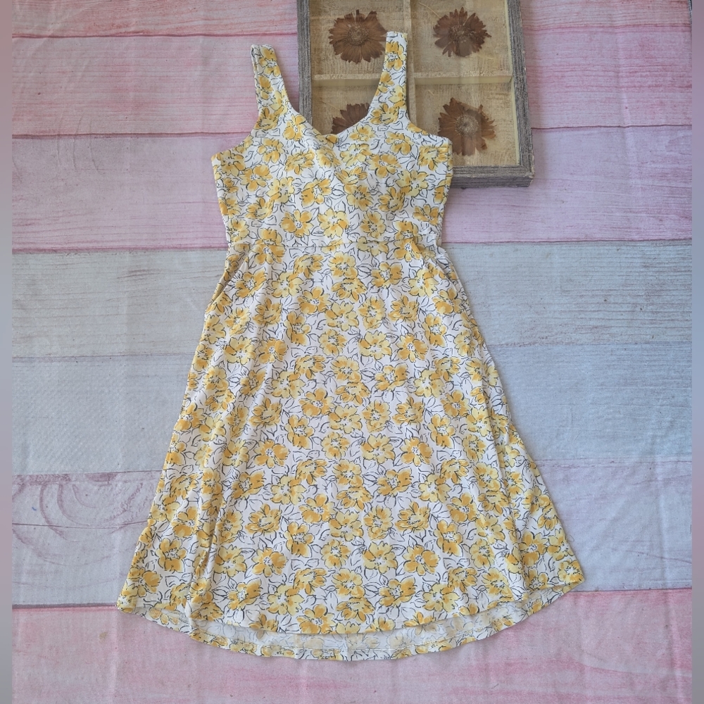 Pact Yellow Floral Tie Back A-line Dress Knit Pockets Organic Cotton Medium